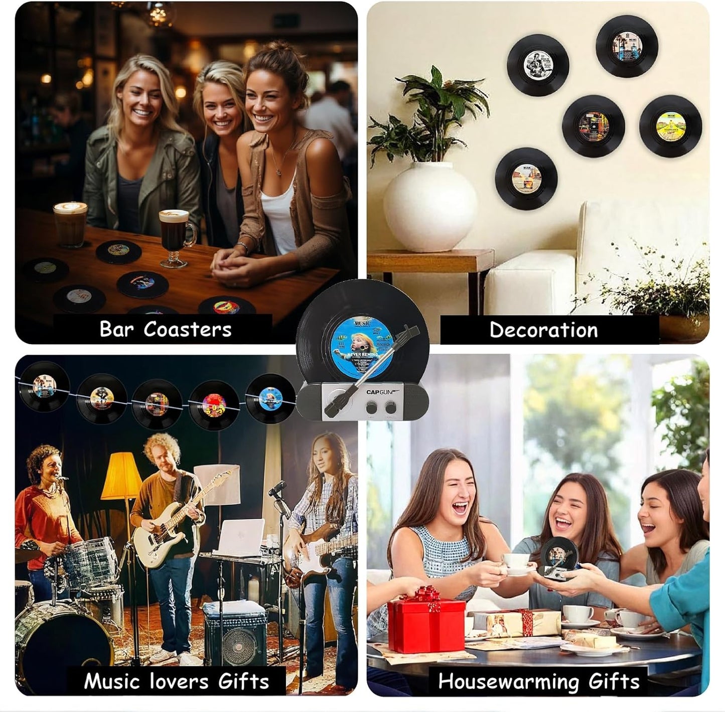 Funny Retro Vinyl Record Coasters, Creative Drink Coasters Set of 12 with Vinyl Record Player Holder for Music Lovers, Housewarming Hostess Gifts, Birthday and White Elephant Gifts Ideas