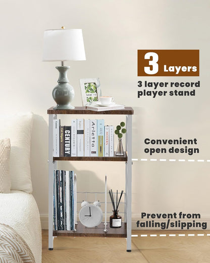 Record Player Stand, 3 Tier Side End Table with Vinyl Record Storage Basket, Turntable up to 100 Albums Record Shelf Display Holder Cabinet for Living Room, Bedroom, Office, White