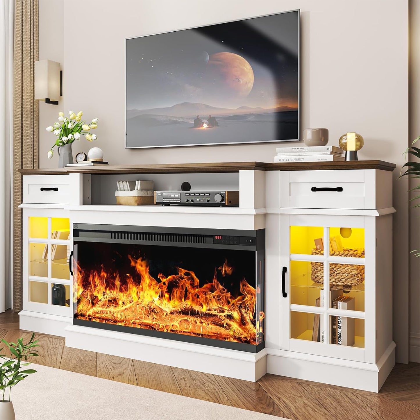 70" Fireplace TV Stand with 3-Sided Glass Fireplace, Modern Wood Entertainment Center with LED Lights and Glass Door, 36" Fire Place TV Stands for Living Room, White