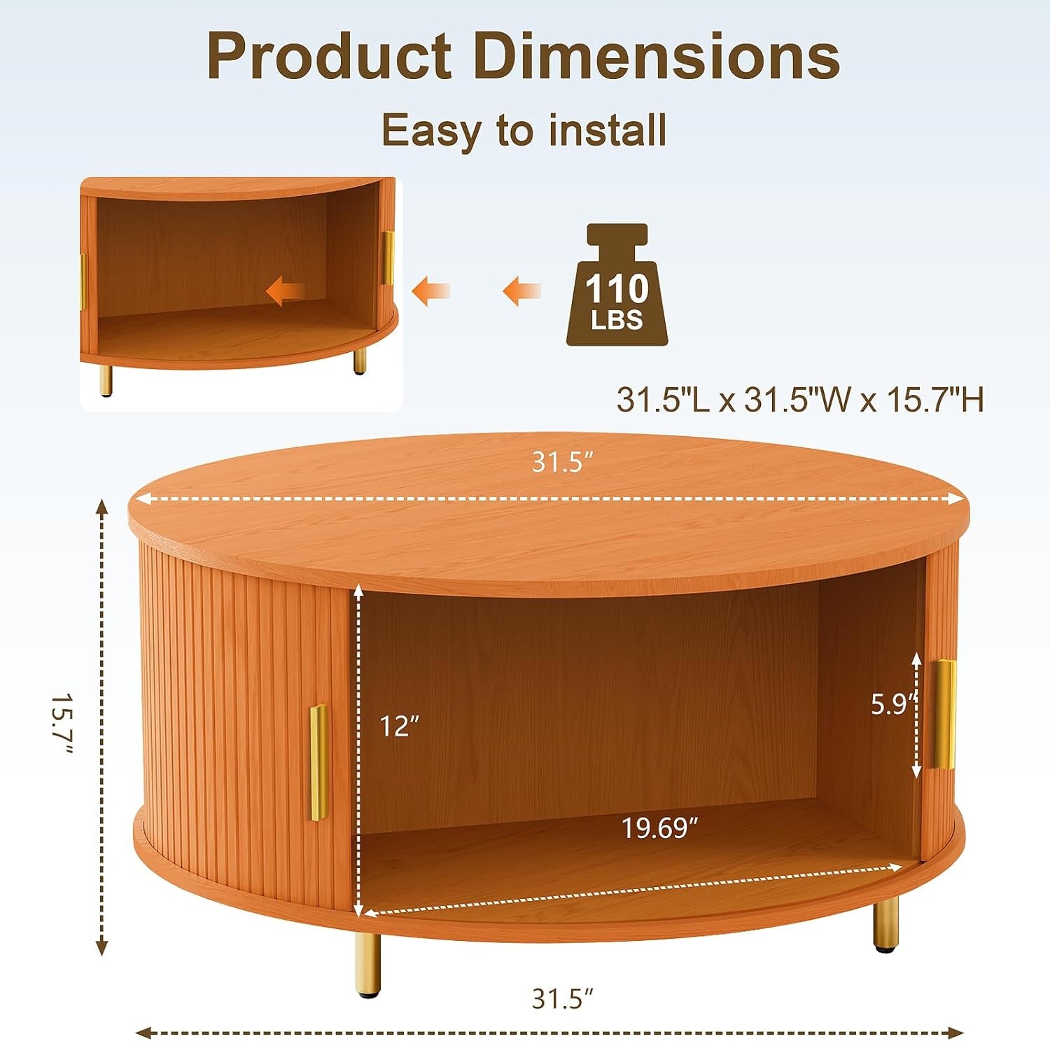 round Coffee Table, 31.5" Mid Century Modern Coffee Table with 360° Sliding Tambour Door, Fluted Accent Coffee Table with Storage,Adjustable Footpads for Living Room, Yellow Walnut