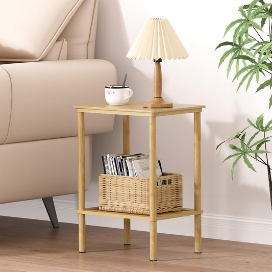Bamboo Side Table, Small Bedside Table, 2 Tier End Table with Open Shelf, 21.5 Inch Tall Narrow Couch Table, Boho Natural Nightstand, Entryway Table, Accent Table, Home Decor for Living Room, Bathroom