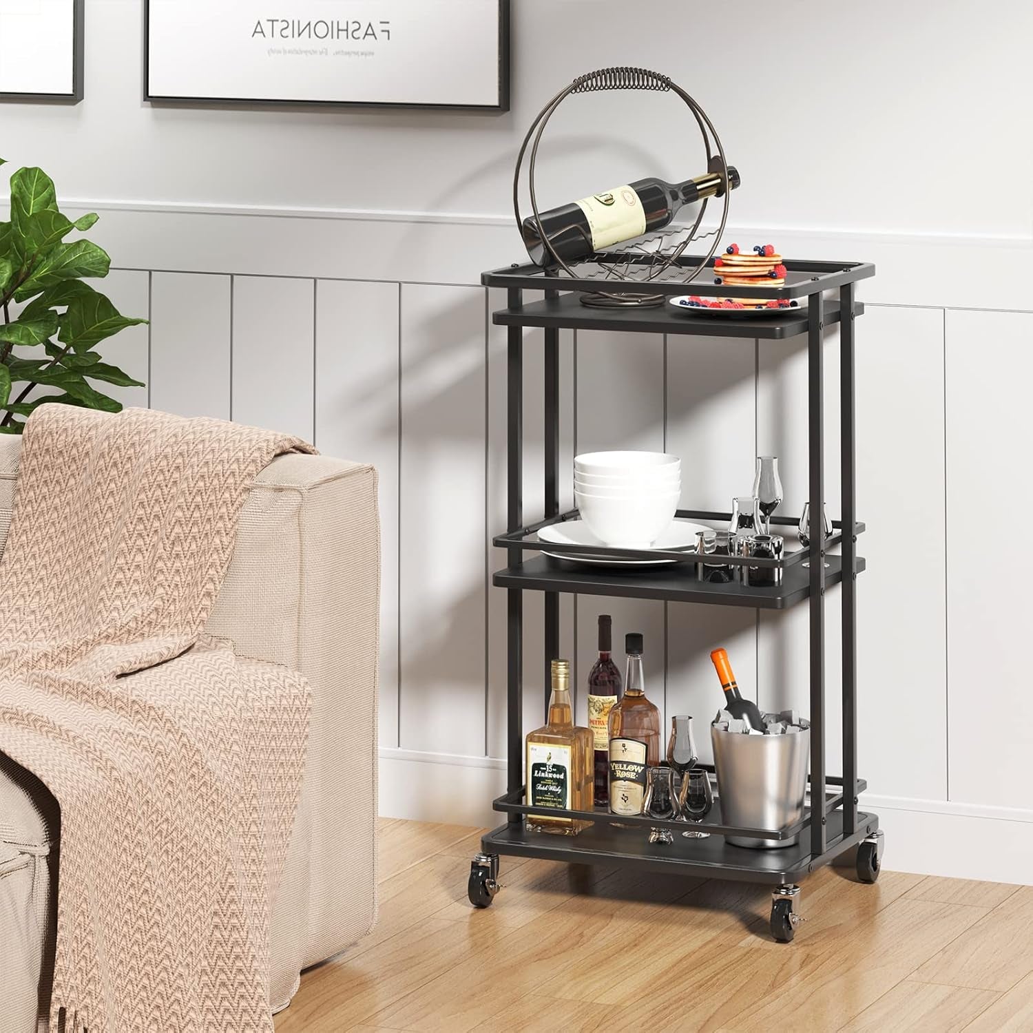 3-Tier Rolling Serving Bar Cart, Wood and Metal Kitchen Island Storage Cart with Wheels, Multifunction Utility Cart Storage Rack for Home, Kitchen, Bar, Dinning Room, Living Room (Black)