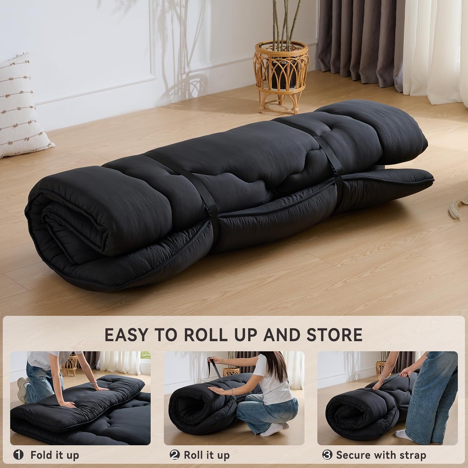 Japanese Floor Mattress, 3.5" Thicken Futon Mattress Tatami Mat, High Density Foam Support for Adult Kids Sleep, Portable Futon Sofa Bed for Camping, Pet Mat, Twin 80"X 39"（Black）