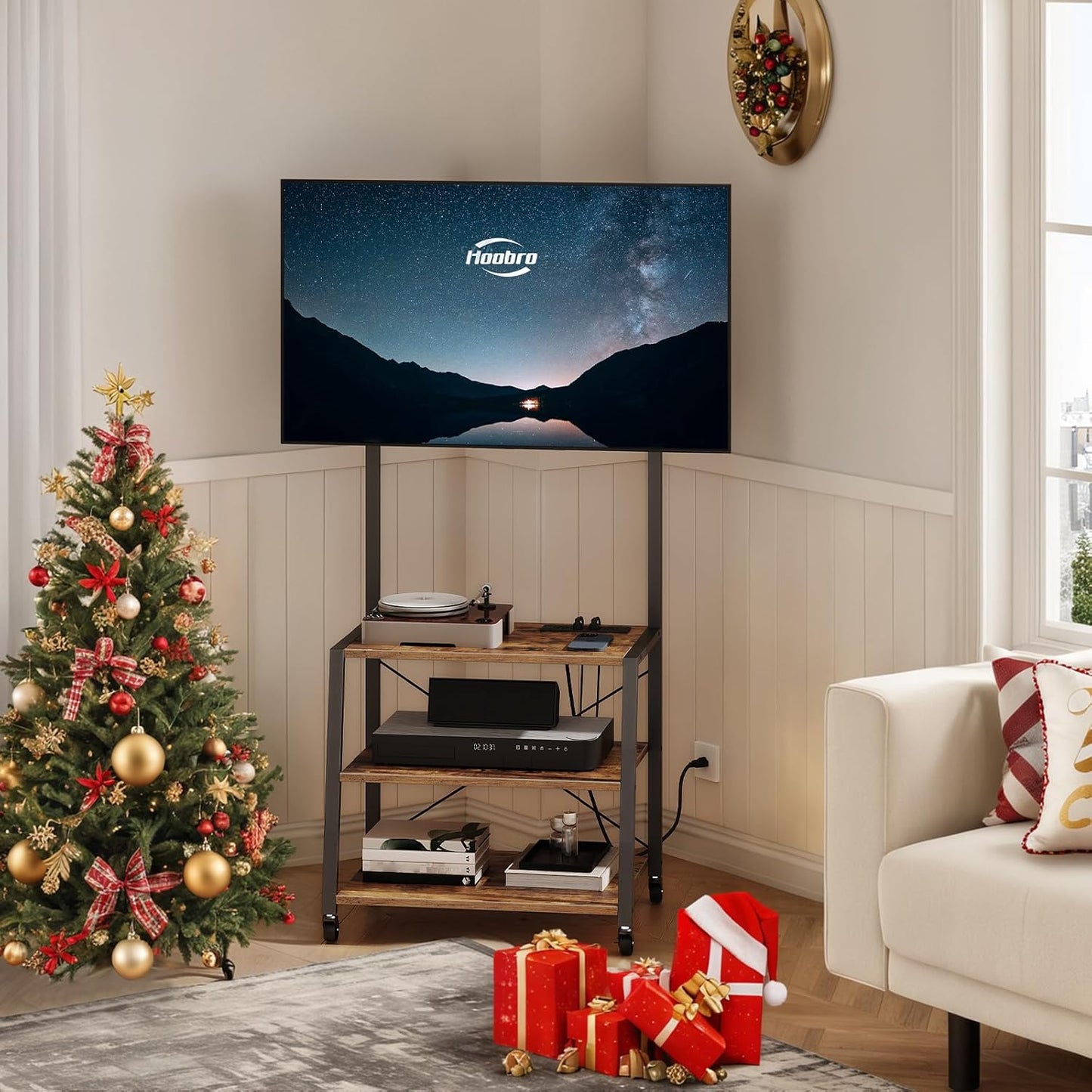 Rolling TV Stand with Mount and Power Outlet up to 55 Inch TV, Corner Entertainment Center, Small TV Stand with 3-Tier Storage Shelves for Living Room, Bedroom, Rustic Brown and Black BF66UDS01