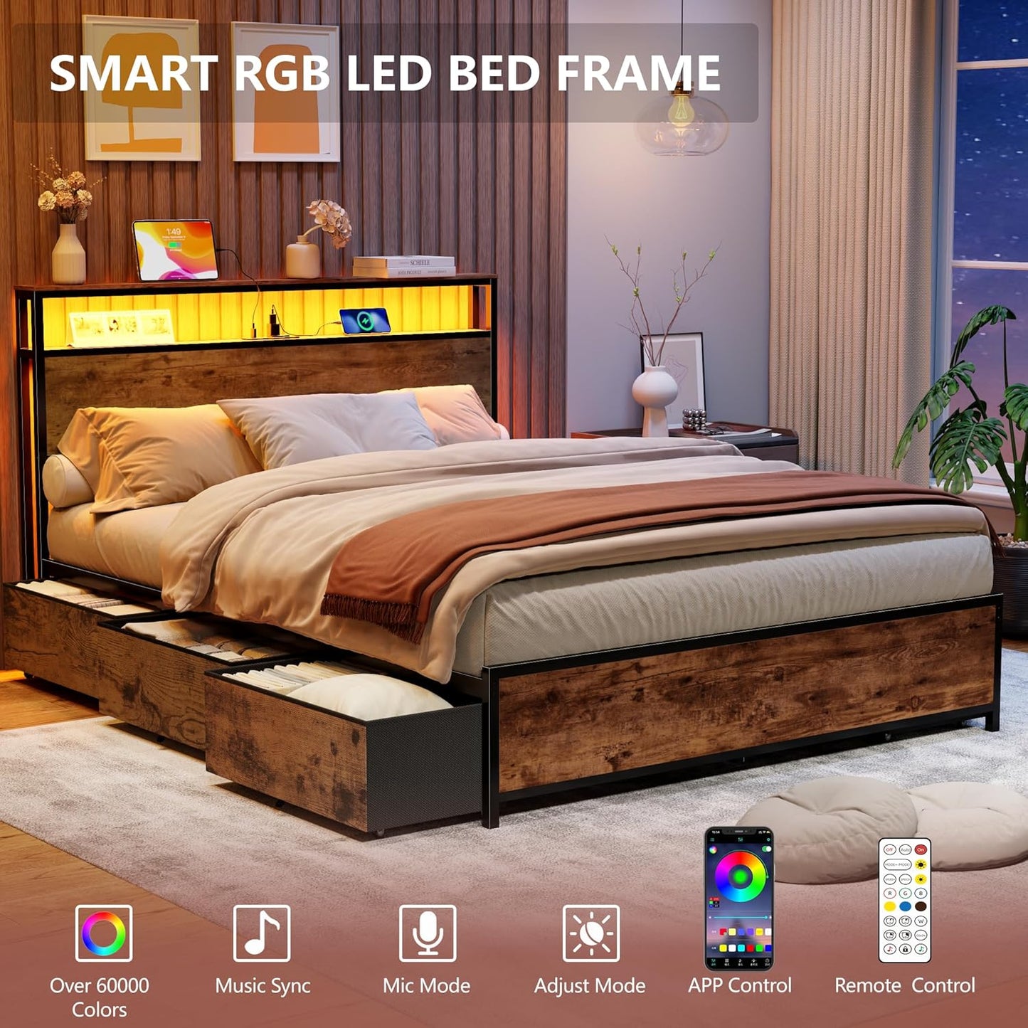 Queen Bed Frame with Headboard & 6 Drawers, Metal Platform Bed Frame Queen Size with Charging Station,Led Lights,2 Tier Shelf Storage Bedframe-No Box Spring Needed,Noise Free,Rustic Brown