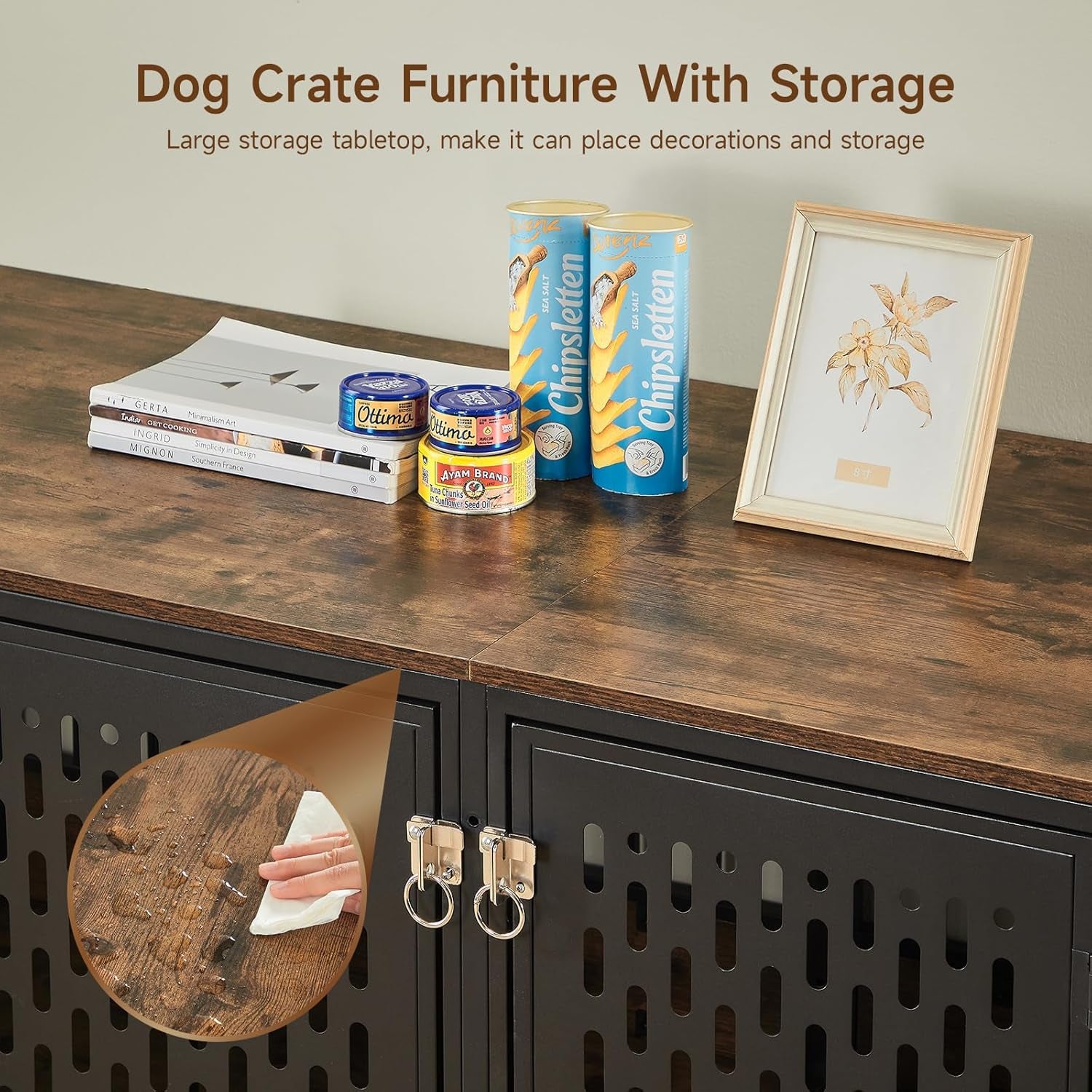 63" Double Dog Crate Furniture for 2 Dogs, Heavy Duty Dog Crates with Divider for High Anxiety Dog, Escape Proof Pet Cage, Dog Kennel Furniture Indoor as TV Stand for Medium Large Dogs,Brown