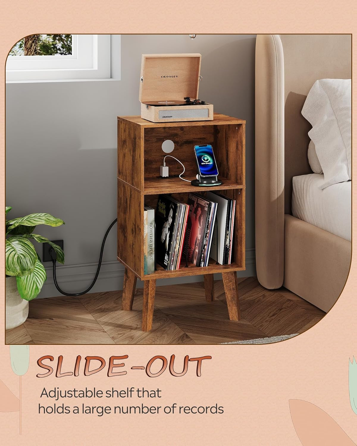 Record Player Stand, Modern Nightstand with Storage, Small Space Bedside Table, End Table for Bedroom & Living Room, Mid Century Night Stand, Rustic Brown