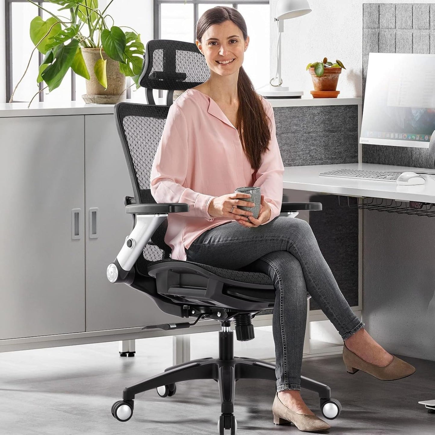 Ergonomic Mesh Office Chair with Footrest, High Back Computer Executive Desk Chair with Headrest and 4D Flip-Up Armrests, Adjustable Tilt Lock and Lumbar Support-Black