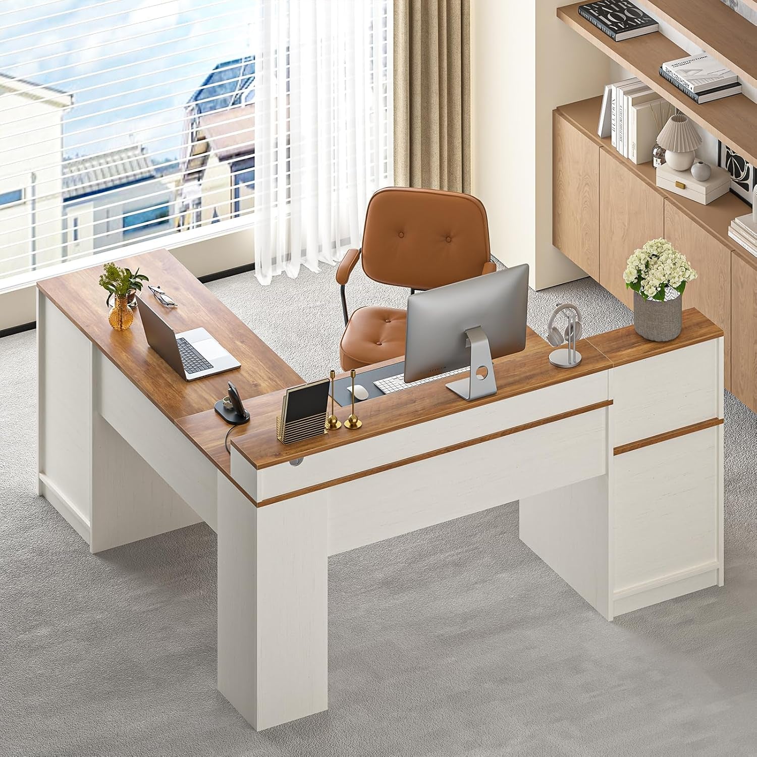 63" Farmhouse L Shaped Executive Desk with Drawers & Storage Shelf, Corner Computer Desk with Power Outlets, L Shaped Office Desk with Monitor Stand, Printer Shelf, Antique White