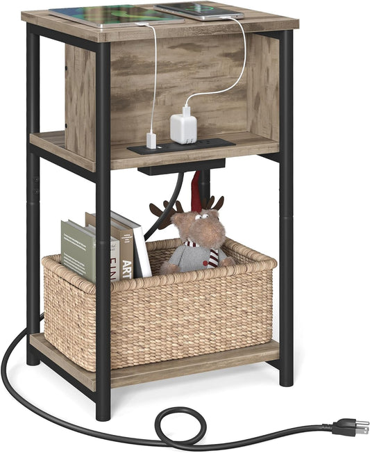 Side Table with Charging Station, 3-Tier End Table with USB Ports and Outlets, Nightstand for Living Room, Bedroom, 11.8 X 13.4 X 22.8 Inches, Plug-In Series, Camel Brown and Black