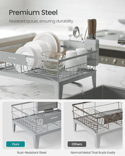 Dish Drying Rack, Kitchen Dish Rack, with Drainboard, 360° Rotatable and Extendable Spout, with Cutlery Holder, 12.2 X 16.5 X 7.3 Inches, Dove Gray UKCS550G01