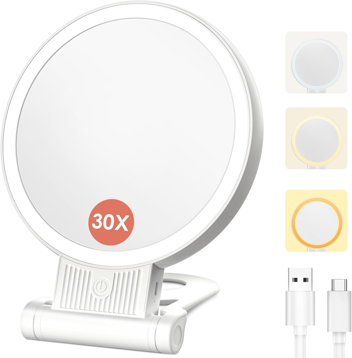 1X/30X Magnifying Mirror with Light and Adjustable Brightness, Makeup Mirror with 360° Rotation Adjustable Folding Handle, Portable Rechargeable Double Sided Mirrors, Foldable Vanity Mirror (White)