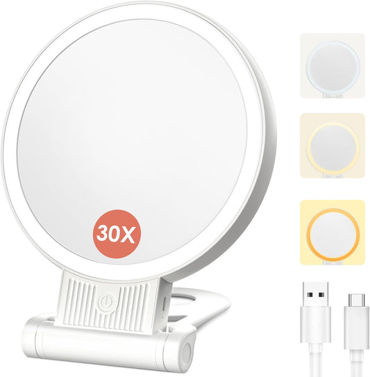 1X/30X Magnifying Mirror with Light and Adjustable Brightness, Makeup Mirror with 360° Rotation Adjustable Folding Handle, Portable Rechargeable Double Sided Mirrors, Foldable Vanity Mirror (White)