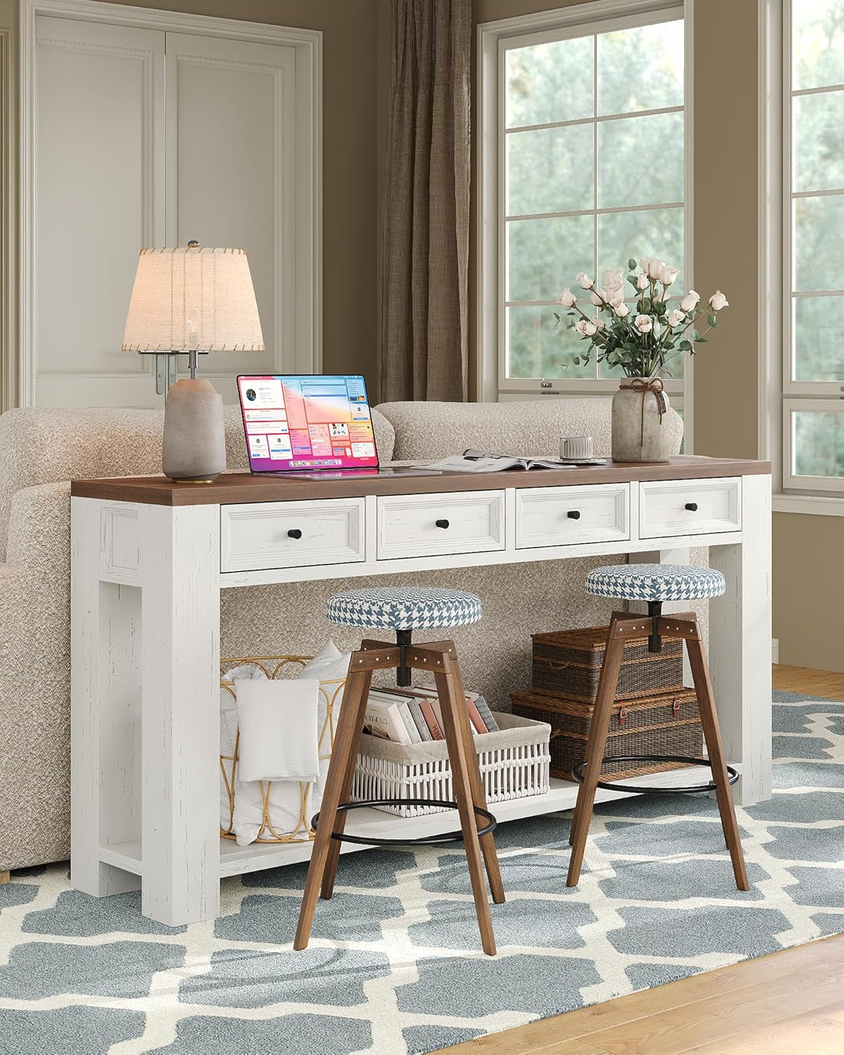 63 Inch Console Table, Sofa Table behind Couch, Entryway Table with 4 Drawers & Open Shelf, Farmhouse Sofa Table for Living Room (White)