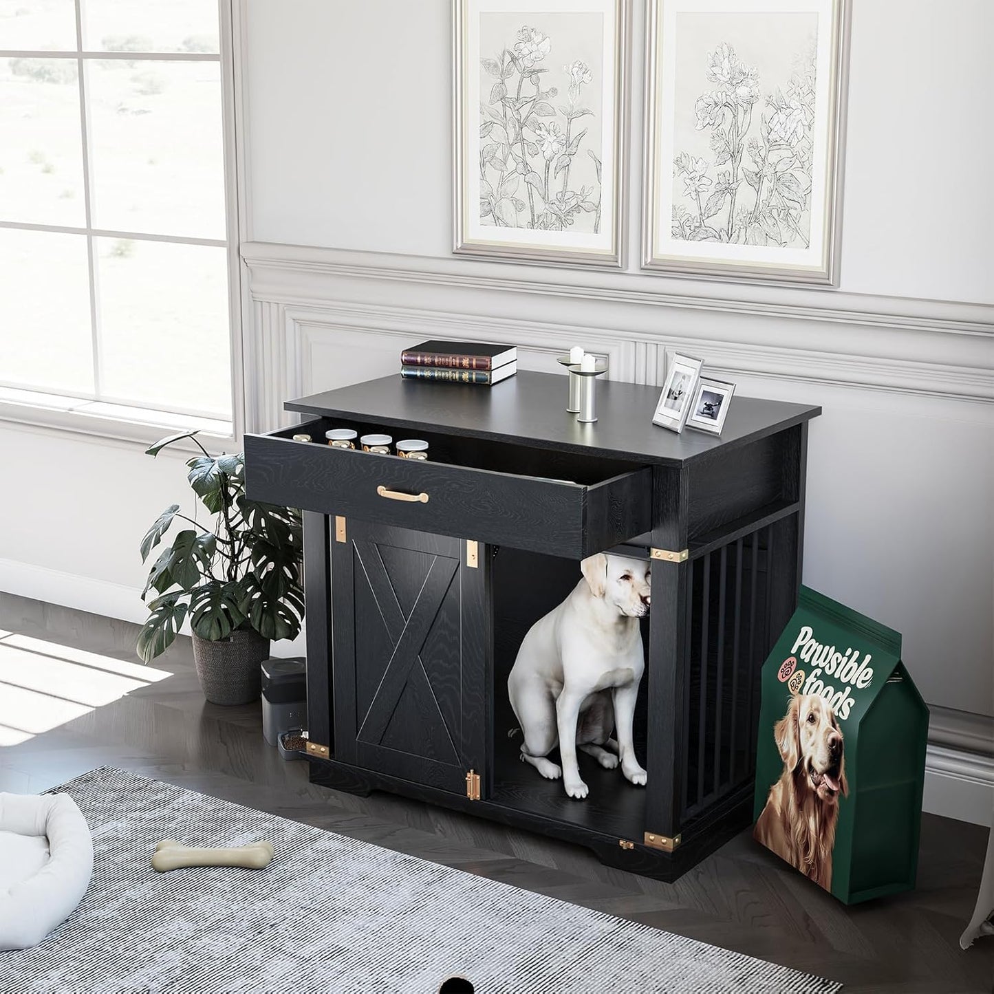 Wooden Dog Crate Furniture Kennel, Decorative Furniture-Style Dog Kennel End Table with Sliding Door, Drawer for Small and Medium-Sized Dog (Elegant Black,M)