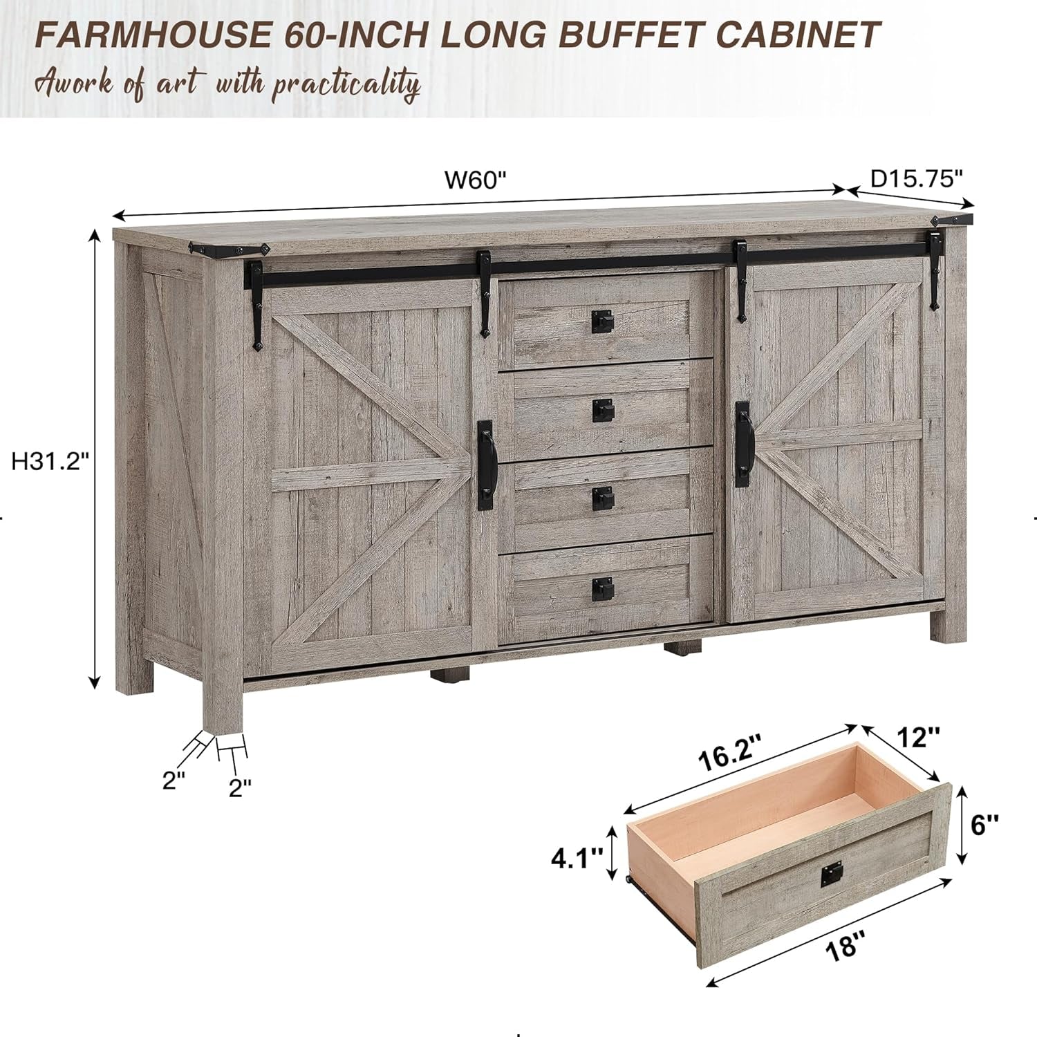 Farmhouse Sideboard Buffet Cabinet with Storage, 60" Large Kitchen Cabinet W/Sliding Barn Doors and 4 Drawers, 31.2'' Tall Rustic Wood Coffee Bar Table for Dining Room, Light Rustic Oak