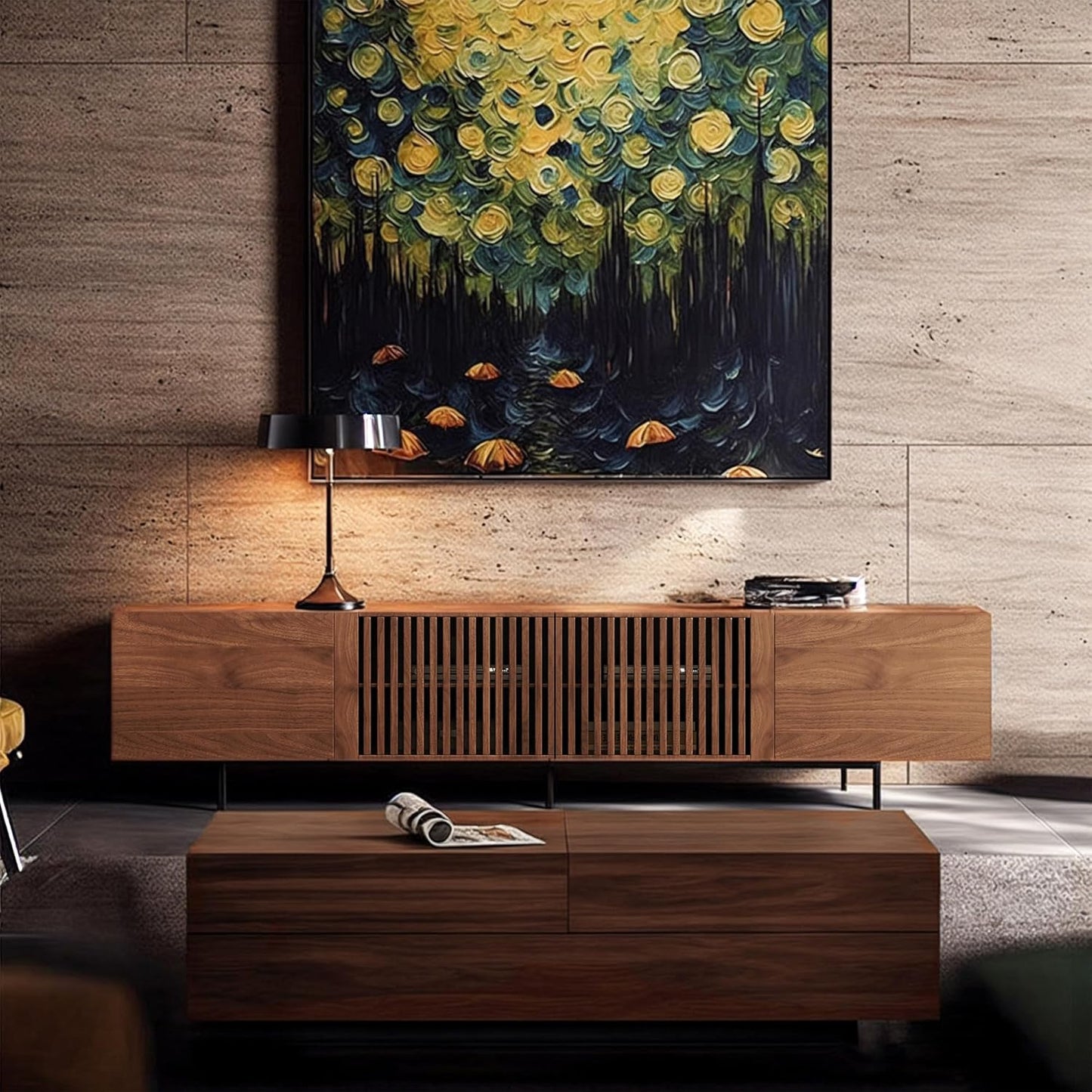 Mid Century Modern TV Stand with 4 Doors, 94.48 Inch Wide Entertainment Center TV Console for Living Room Bedroom, Media Console TV Cabinet with Storage Walnut