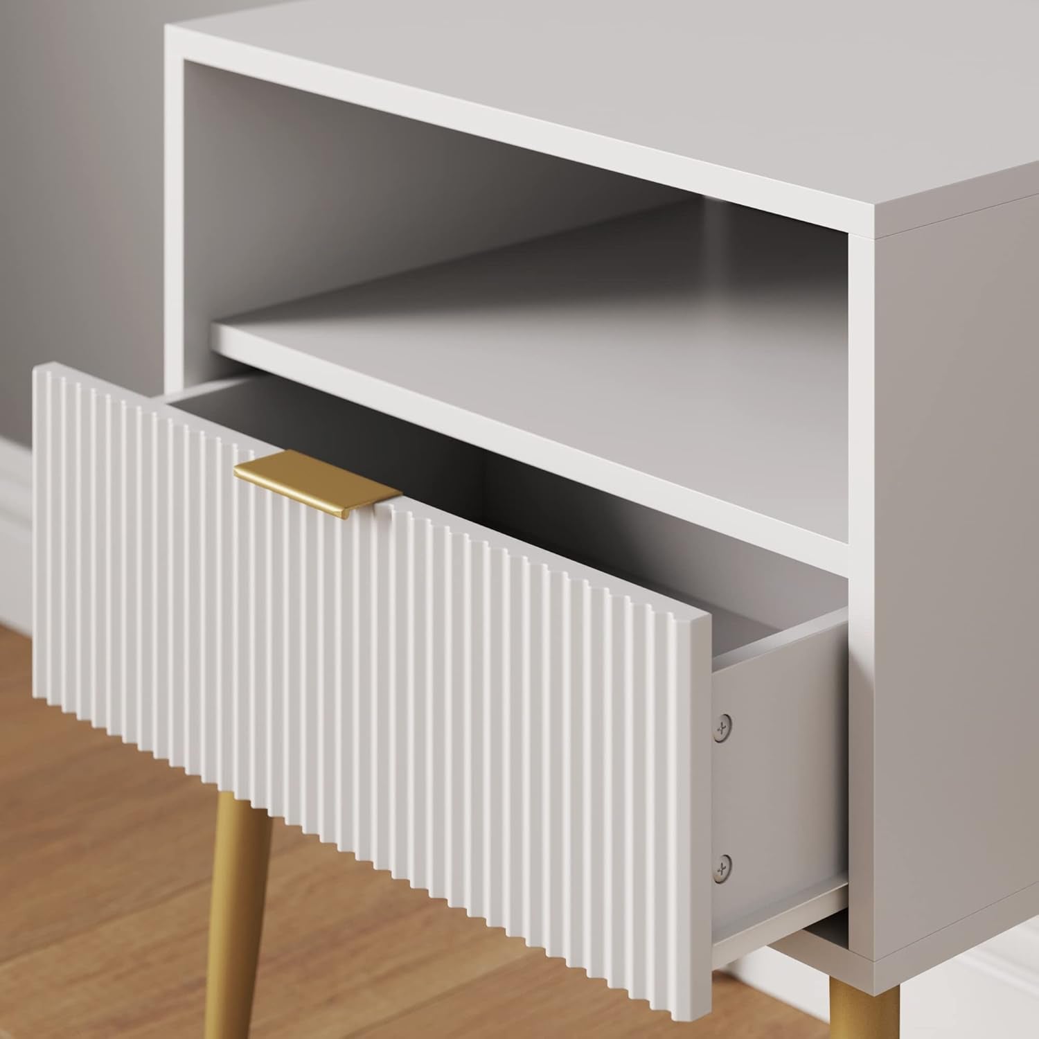 Jacklyn White Nightstand, Gold Accent Bedside Table with Storage Drawer, Open Shelf and Mid-Century Golden Legs, White/Gold, Set of 2