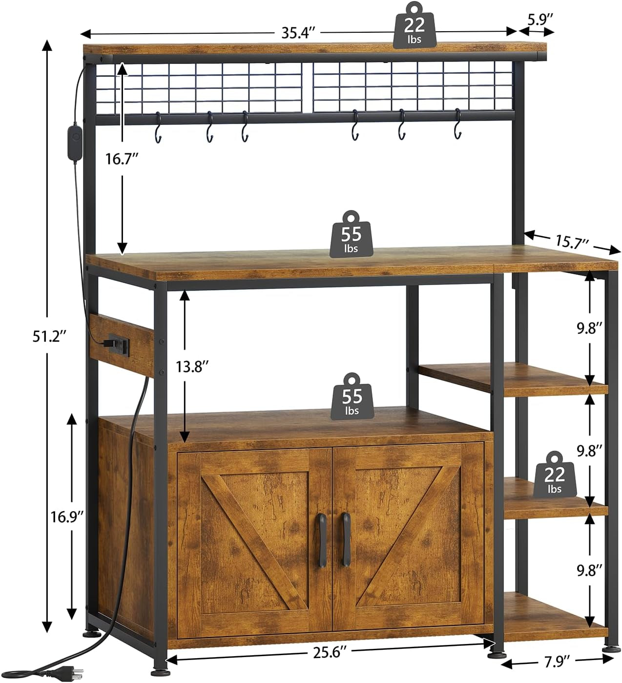 Bakers Rack with Power Outlet and LED Light, Microwave Stand with Storage Cabinet, Coffee Bar Cabinet Station with 6 Hooks for Kitchen, Dining Room, Living Room, Coffee Bar, Rustic Brown, Black