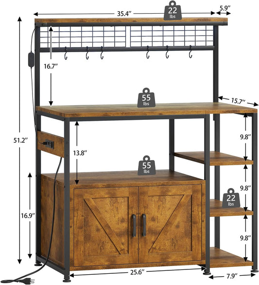 Bakers Rack with Power Outlet and LED Light, Microwave Stand with Storage Cabinet, Coffee Bar Cabinet Station with 6 Hooks for Kitchen, Dining Room, Living Room, Coffee Bar, Rustic Brown, Black