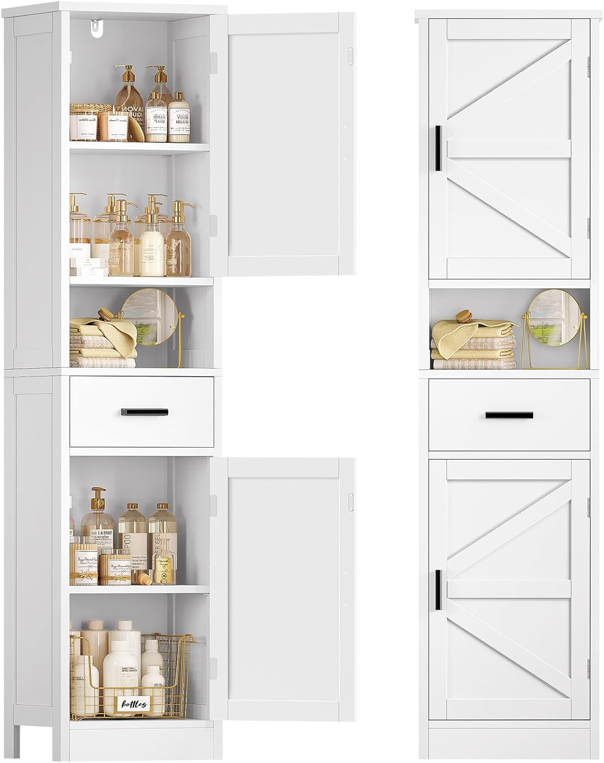 Tall Bathroom Storage Cabinet with Barn Doors, Narrow Bathroom Cabinet with Drawer, Narrow Storage Unit, Adjustable Shelves, Floor Cabinets for Living Room, Entryway, Kitchen, White