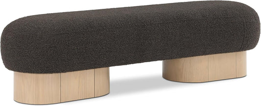 22001Brown Robertson Collection Art Deco Bench with Luxurious Brown Boucle Fabric and Rich Natural Oak Finish, 60.5" W X 18" D X 16" H, Brown