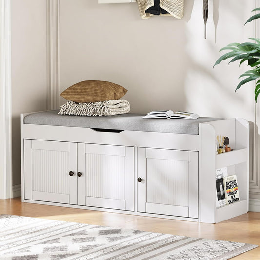 42.6" Storage Bench - Entryway Shoe Bench with Side Storage Shelves and 3 Doors, Multifunctional Entryway Bench with Lift Top Cushion, Shoe Storage Bench for Bedroom, Living Room, White