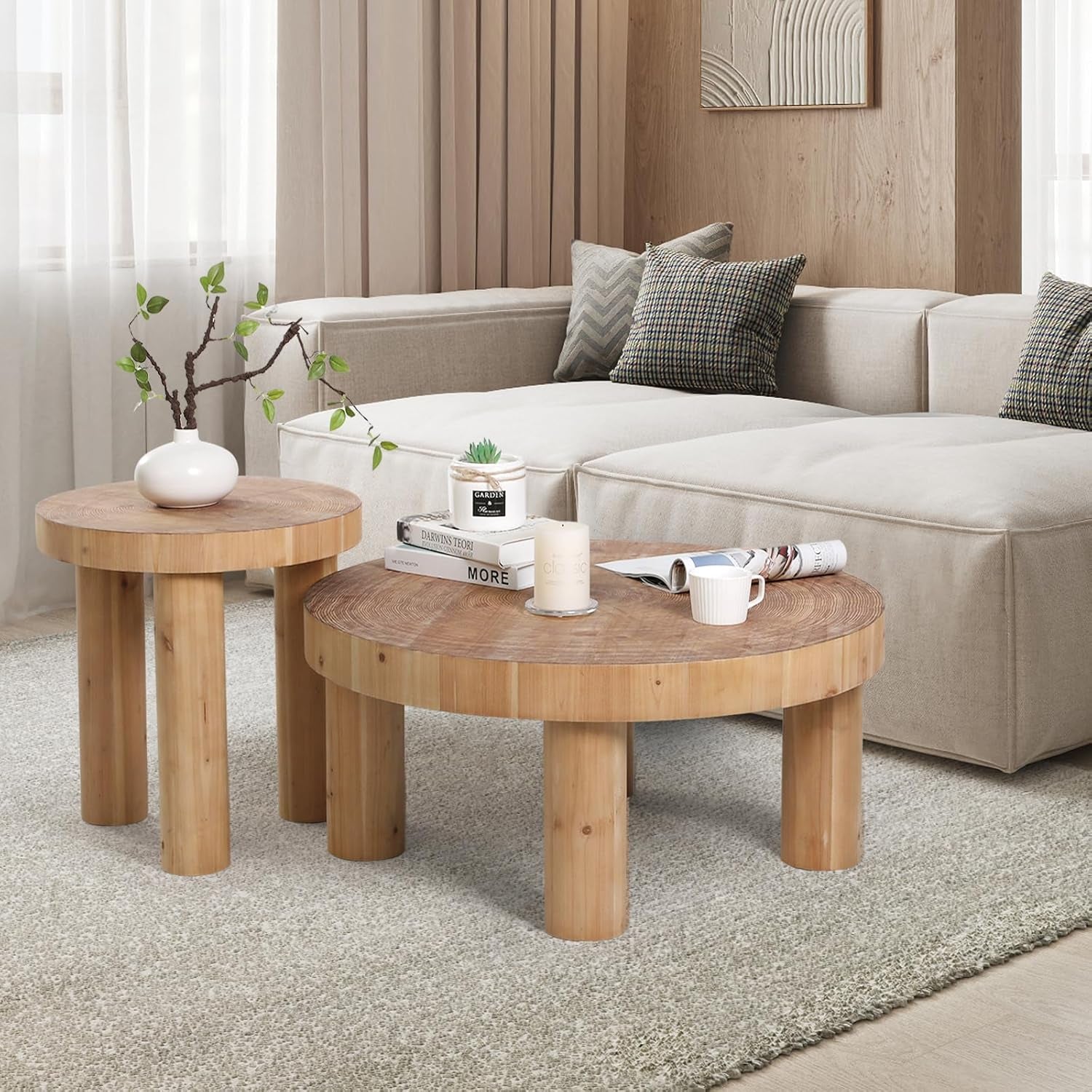 2-Piece round Farmhouse Coffee Table, Rustic Coffee Table Sets, Circle Wooden Ring Finish with Solid Wood Legs, Center Tables Set for Living Room (Natural)