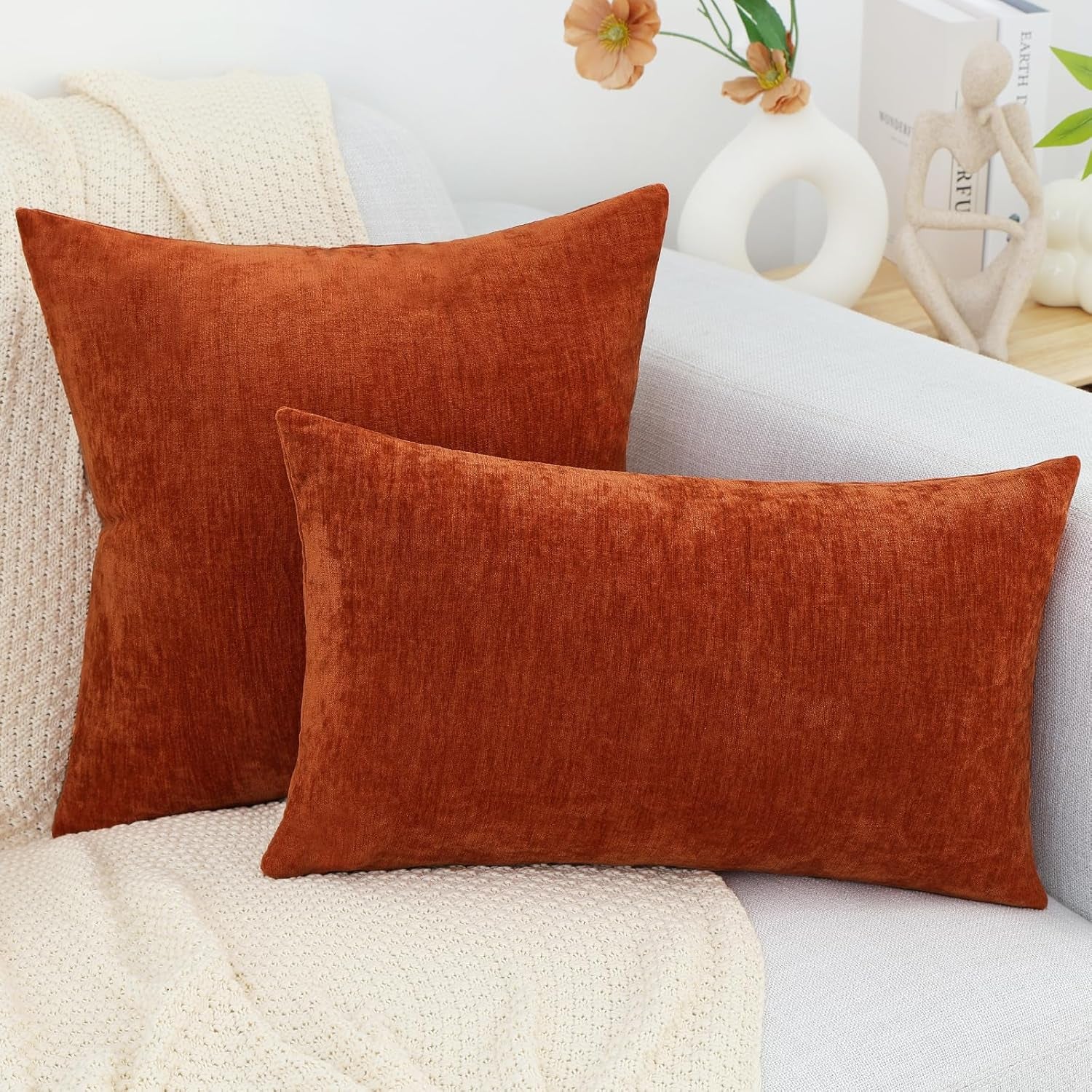 Chenille Rust Fall Throw Pillow Covers 20X20 Inch Set of 2, Decorative Soft Couch Pillow Covers Solid Dyed Accent Farmhouse Neutral Square Pillow Cases for Sofa Bed Living Room