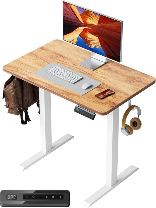 One-Piece Standing Desk Adjustable Height Stand up Home Office Desk, 32X20 Inch Electric Standing Computer Desk, with 4 Memory Presets, Headphone Hook, Light Rustic
