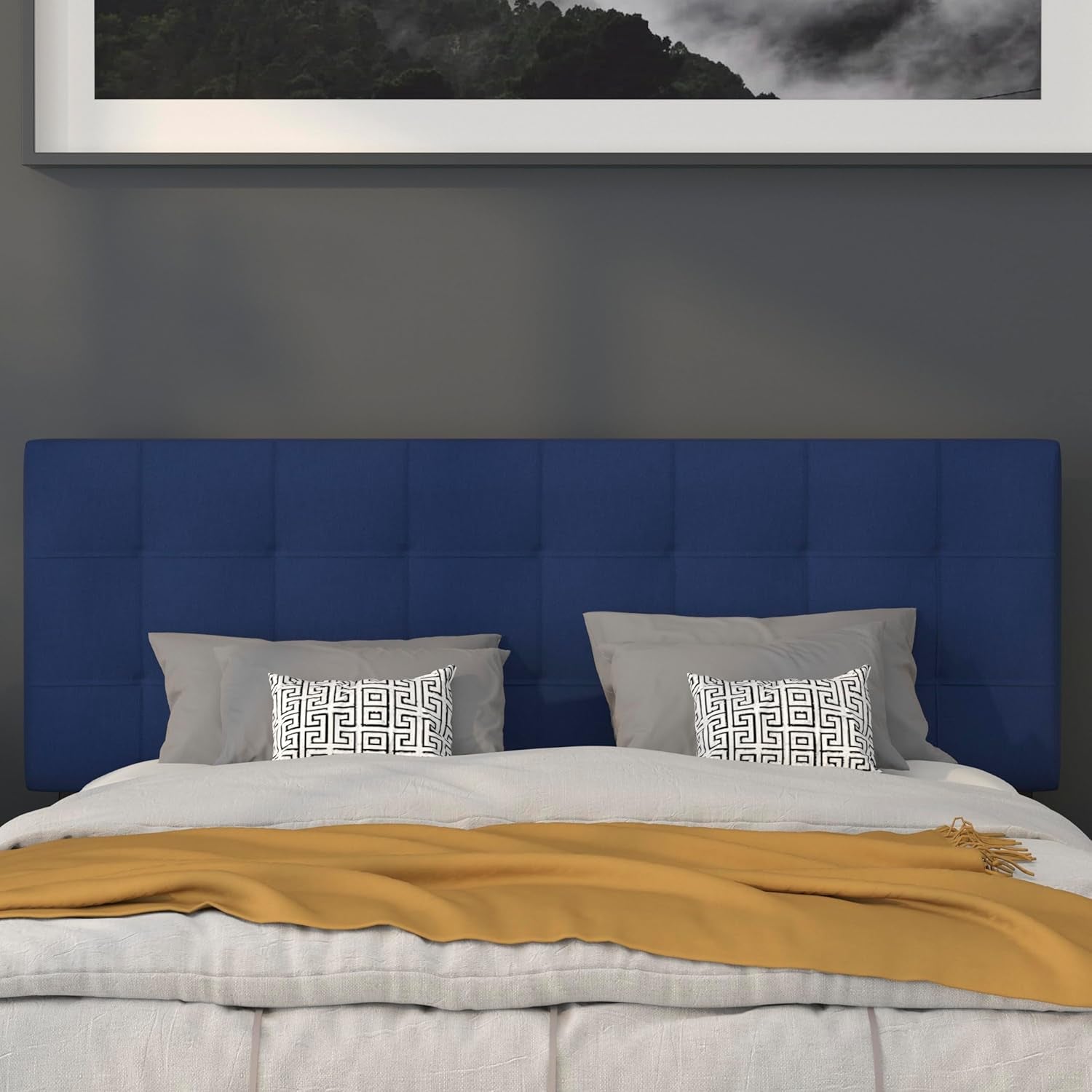 Bedford Box Stitch Tufted Upholstered Queen Size Headboard in Navy Fabric