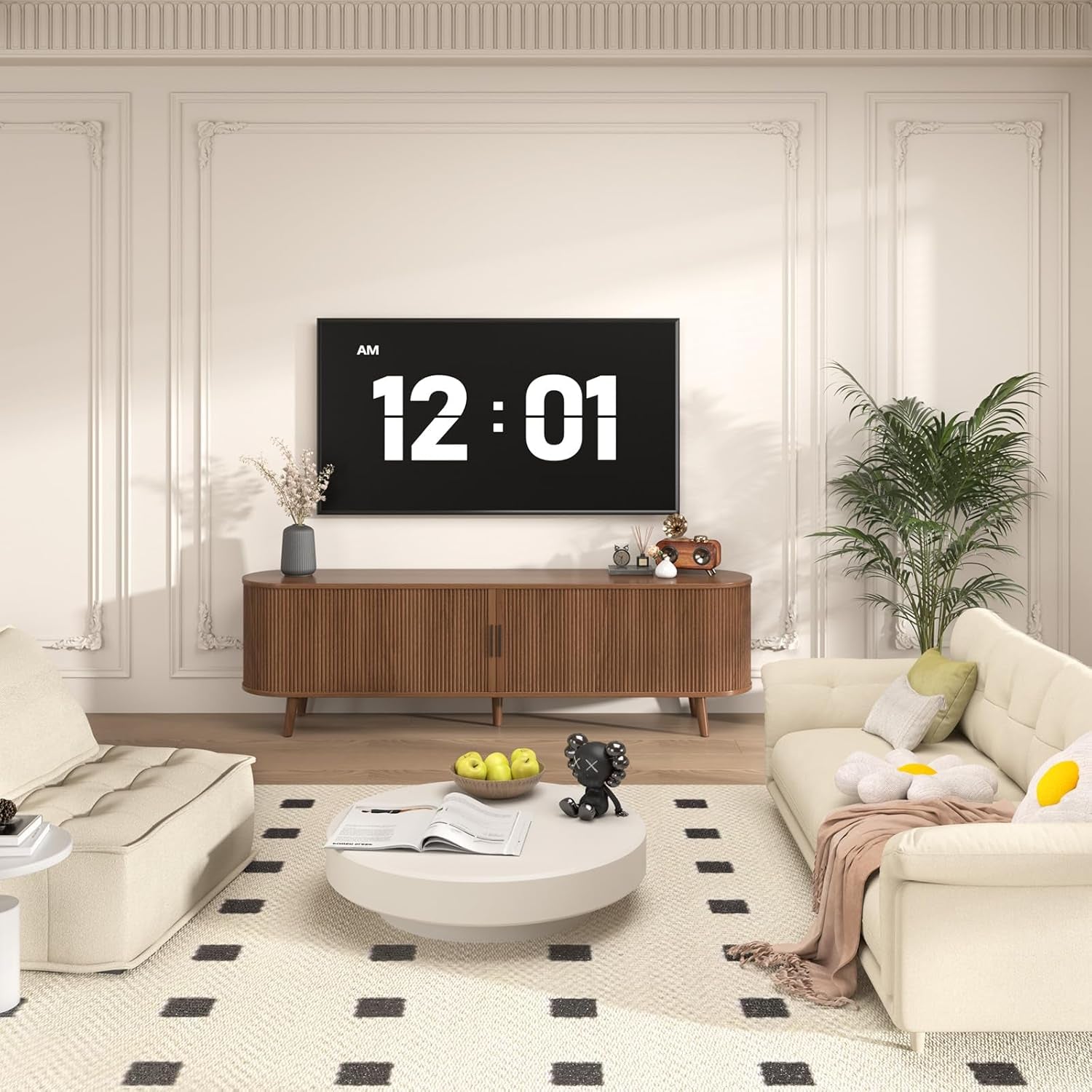 TV Stand for Living Room, 71" Mid Century Modern Entertainment Center W/Curved Edge for 55/60/65 Inch TV, Media Consol with Sliding Door Drawers and Open Shelves for Bedroom Living Room