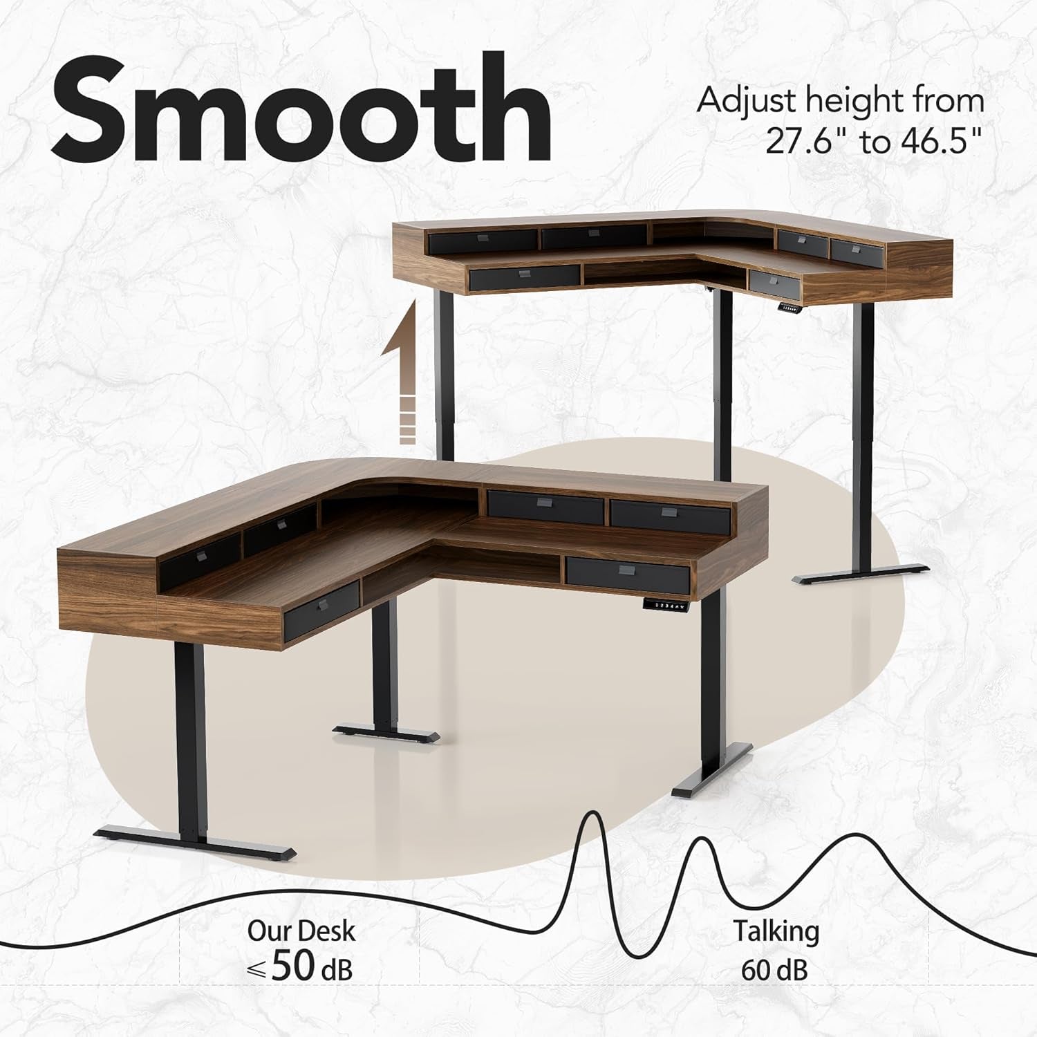 65.5" × 57.6" Electric L Shaped Standing Desk with 6 Storage Drawers, 2-Tier Corner Sit Stand Desk with Power Strip Tray & Cable Grommets, Height Adjustable Computer Gaming Table, Walnut