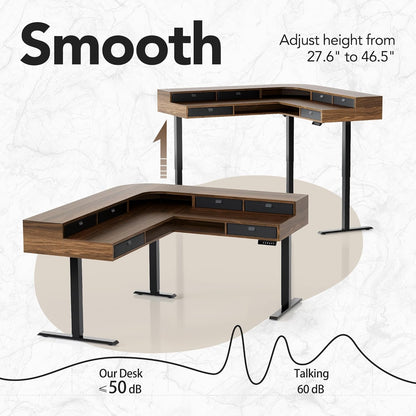 65.5" × 57.6" Electric L Shaped Standing Desk with 6 Storage Drawers, 2-Tier Corner Sit Stand Desk with Power Strip Tray & Cable Grommets, Height Adjustable Computer Gaming Table, Walnut