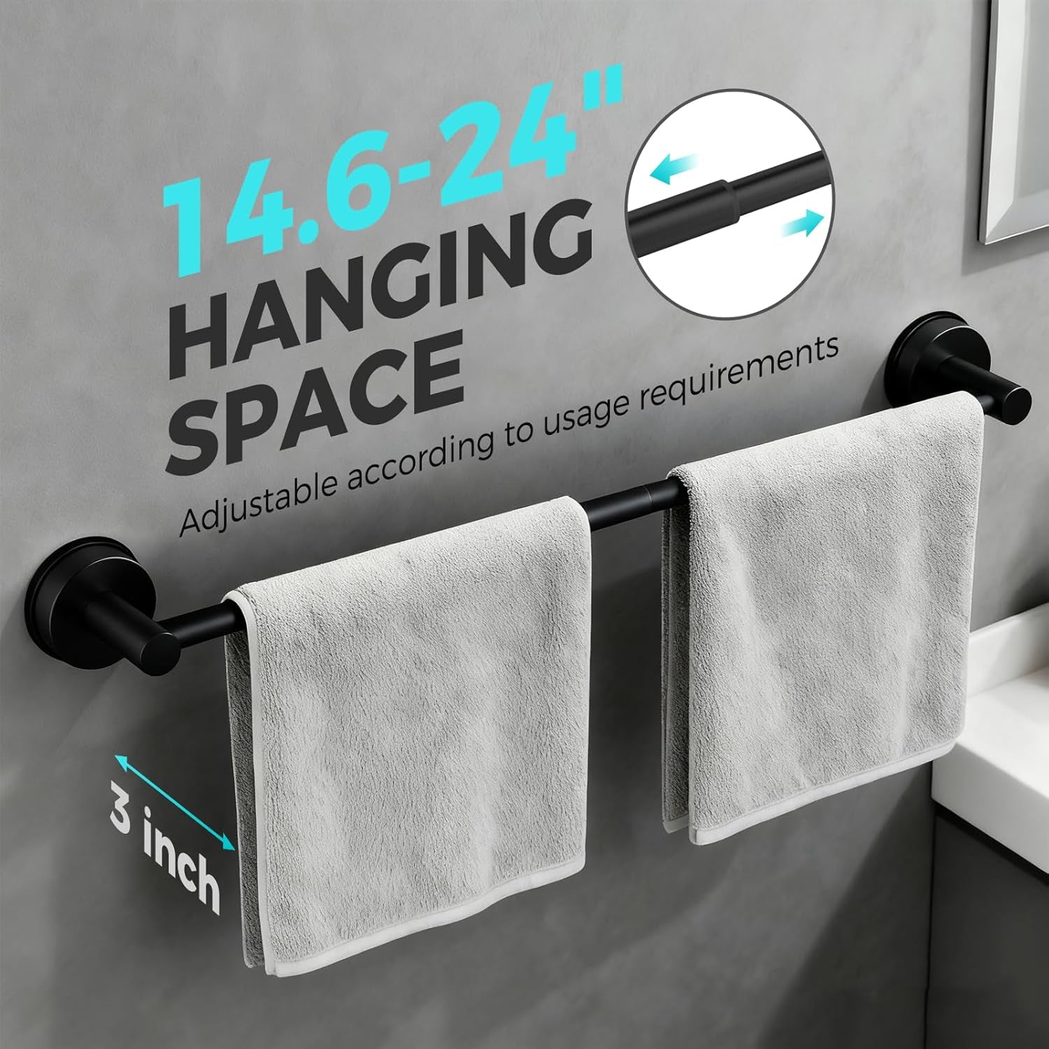 Adjustable Suction Cup Towel Bar for Bathroom Wall,14.6Inch~24 Inch Towel Racks for Bathroom,Stainless Steel Bath Towel Holder for Shower(Matte Black)