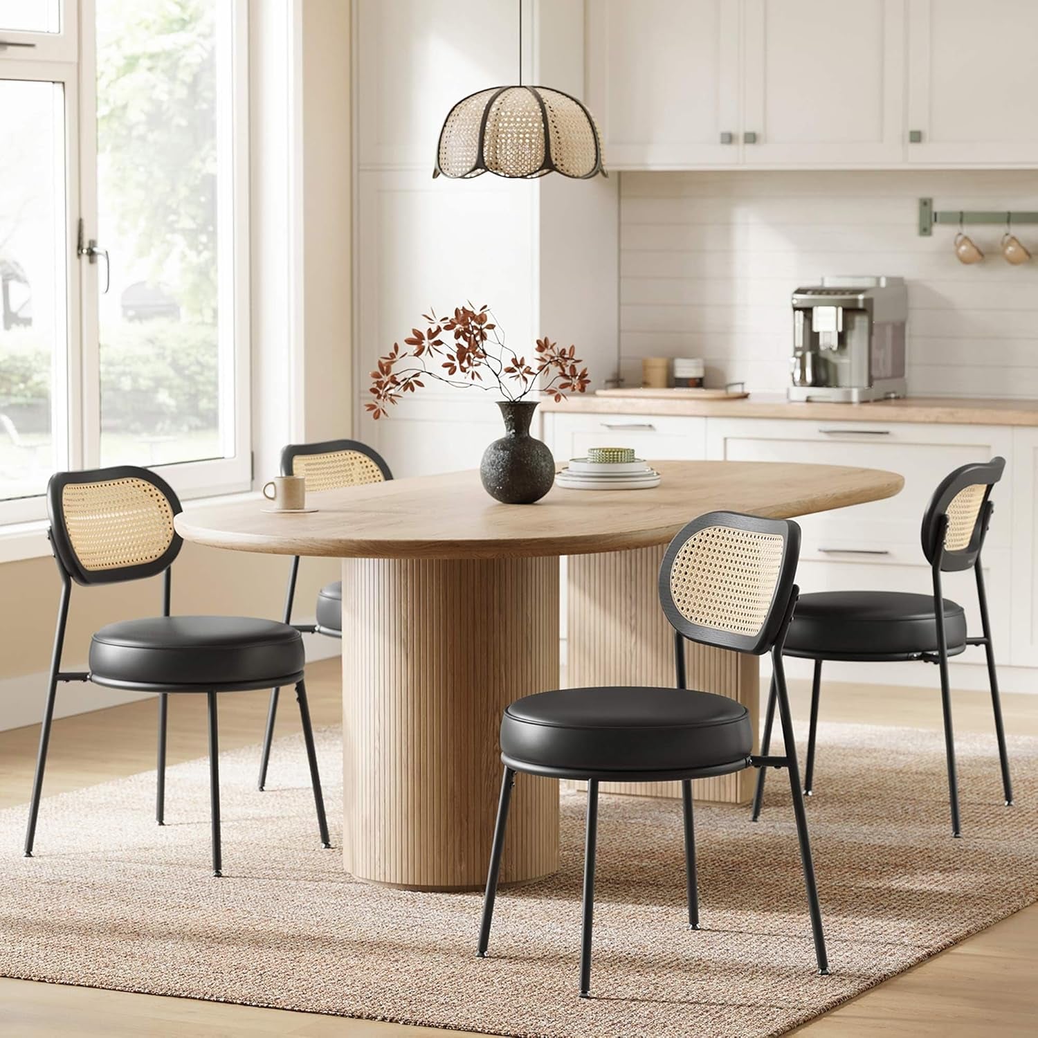 Dining Chairs, Set of 4 Accent Chair for Dining Room Kitchen, with Boho PE Rattan Back, Synthetic Leather Upholstery, Ink Black ULDC160B24