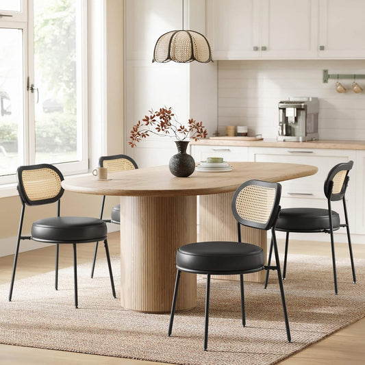 Dining Chairs, Set of 4 Accent Chair for Dining Room Kitchen, with Boho PE Rattan Back, Synthetic Leather Upholstery, Ink Black ULDC160B24