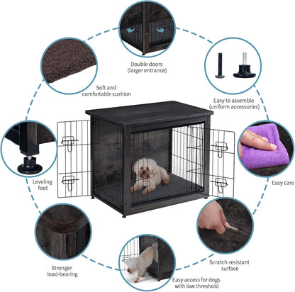 Dog Crate Furniture with Cushion, Wooden Kennel Table with Double Doors, Indoor Dog House, Medium Size, 32.5" L, Black+Gold