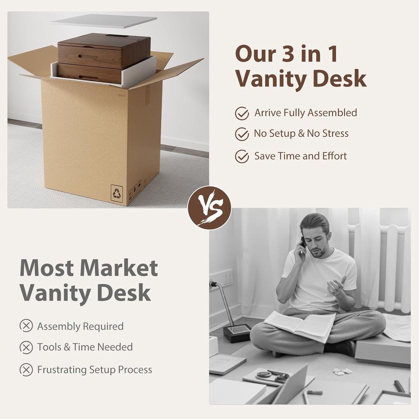 Solid Wood 3 in 1 Vanity Desk with Flip Top Mirror, No Assembly, Compact Vanity with Hidden Chair, Small Makeup Vanity Set with Power Outlet, Dressing Table for Bedroom, Walnut