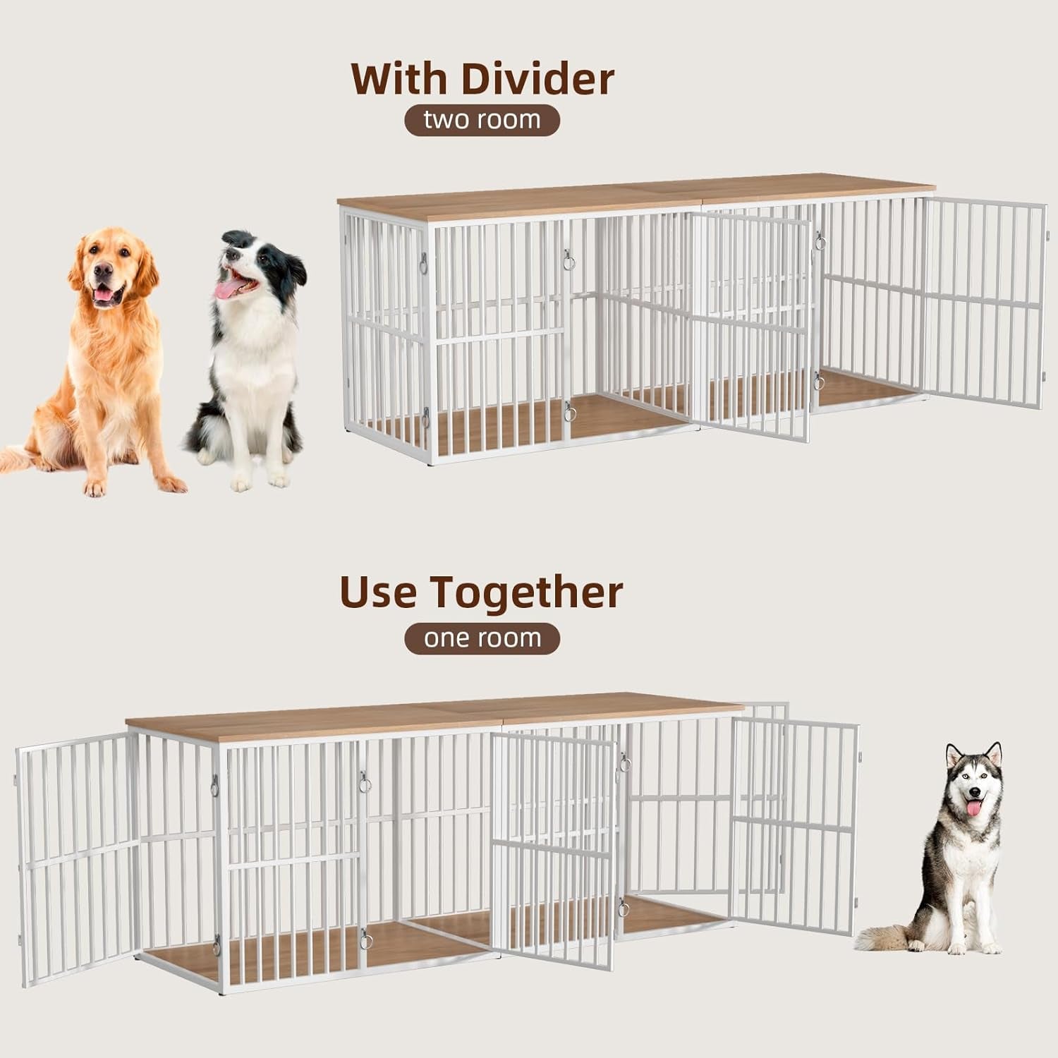86.7" Double Dog Crate Furniture for 2 Large Dogs, Heavy Duty Wooden Dog Kennel with Removable Divider, XXL Dog Cage TV Stand End Table with 4 Doors, Double Locks for Each Door, White/Natural