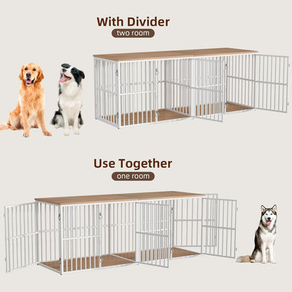 86.7" Double Dog Crate Furniture for 2 Large Dogs, Heavy Duty Wooden Dog Kennel with Removable Divider, XXL Dog Cage TV Stand End Table with 4 Doors, Double Locks for Each Door, White/Natural