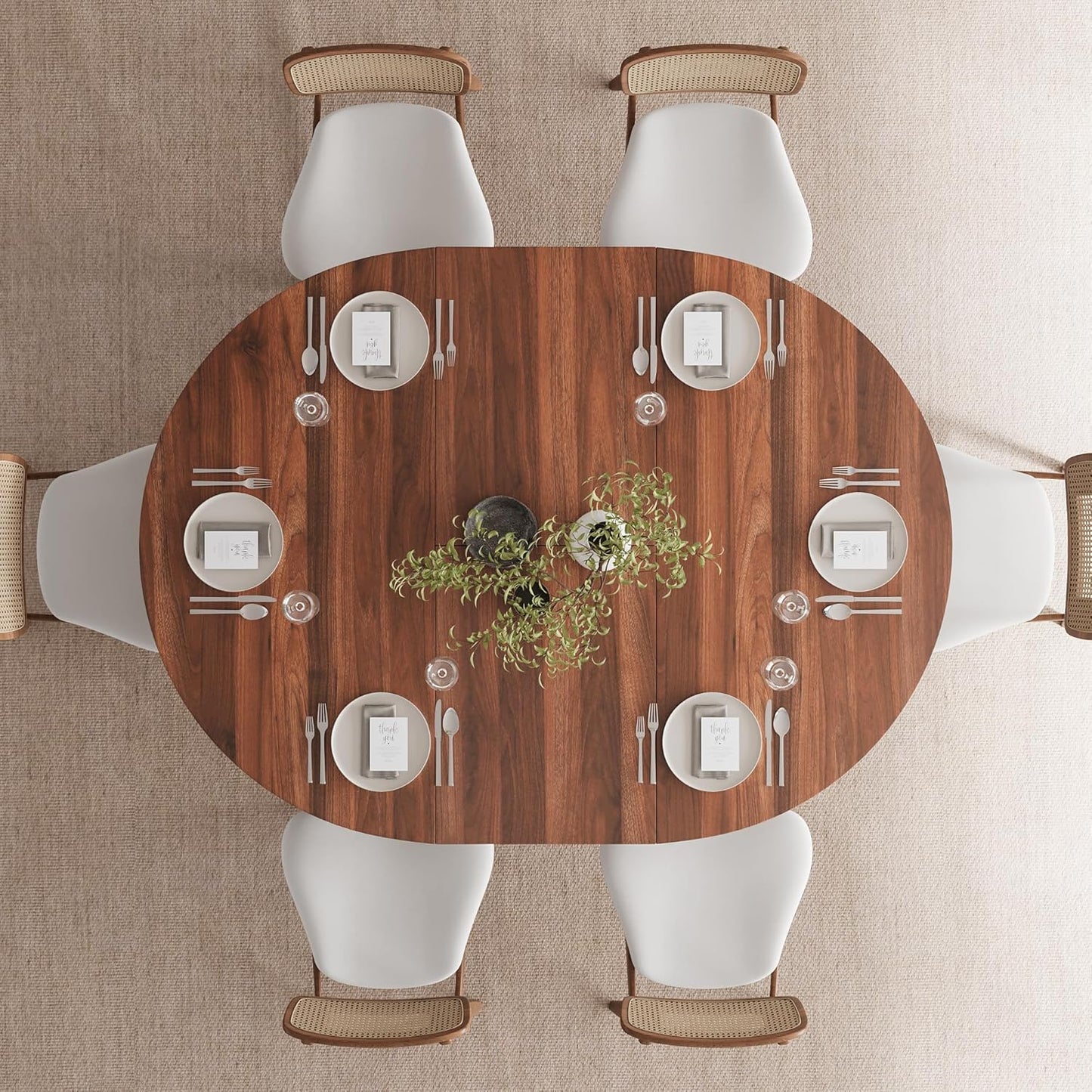 59" round Extendable Dining Room Table for 4-6, Modern Oval Kitchen Table with Heavy Duty Wood Base, Metal Frame Support, for Kitchen Dining Living Room, Easy Assembly, Walnut