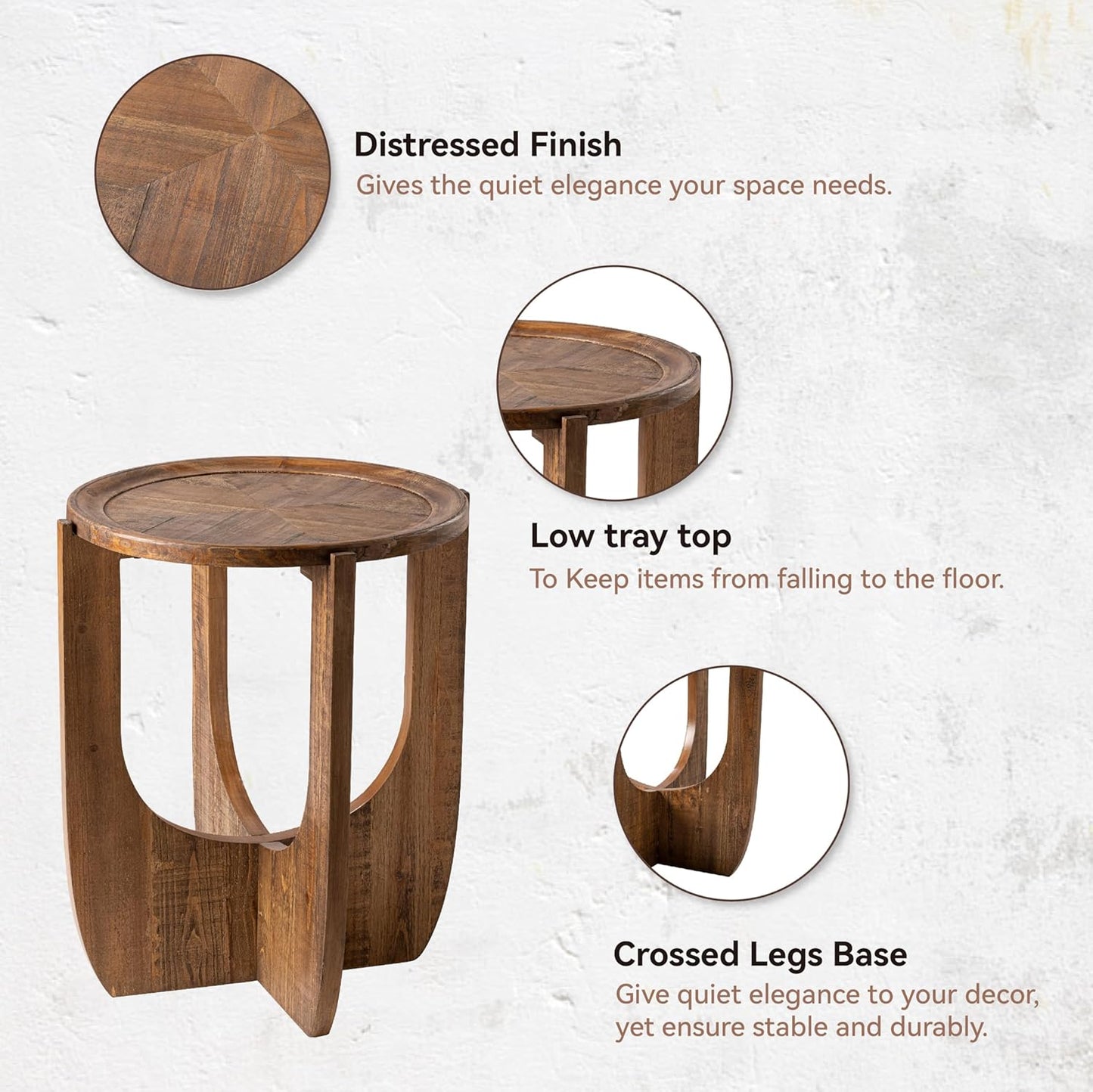 Rustic Farmhouse End Table, French Country Accent Side Table for Family, Dinning or Living Room, Small Spaces, Modern, Round, Brown End Table