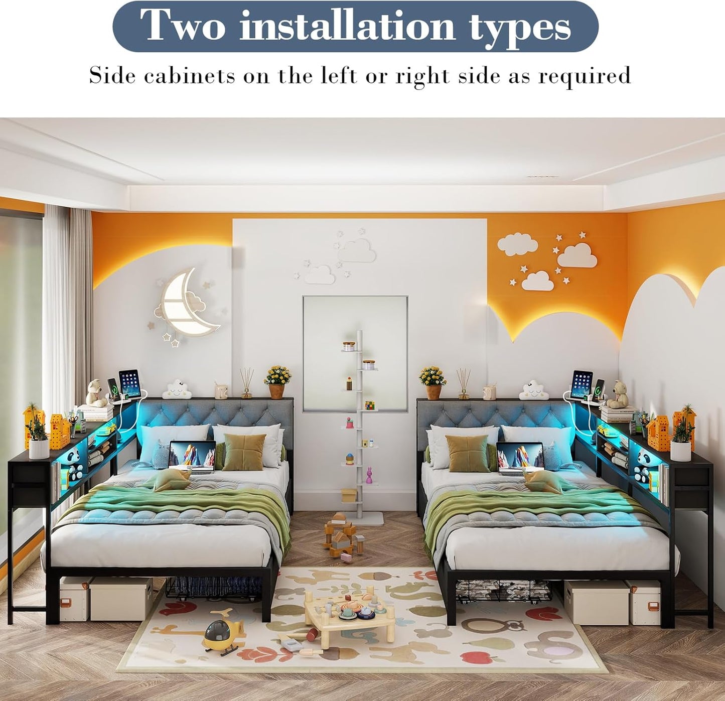 Corner Bed Frame with Storage Bookcase and LED Lights Twin Platform Bed Frame with Upholstered Headboard and Charging Station, Twin Daybed with 2 Storage Drawers, Dark Gray