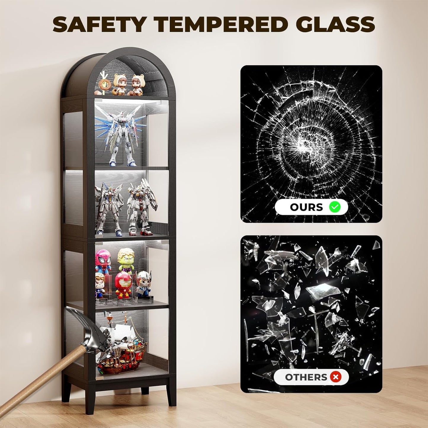 71" Tall Arched Display Cabinet with Glass Doors, Curio Cabinet with LED Lights for Collectibles, Books, 5-Tier Showcase Glass Display Case with Human Body Sensor for Living Room, Black