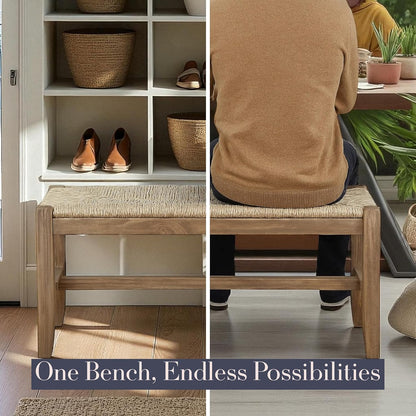 Newport 40 Inch Solid Wood Entryway Bench - Modern Farmhouse Indoor Decorative Bench with Natural Seagrass Rush Seat - Furniture for Entryway, Dining Room, or Kitchen (Natural)