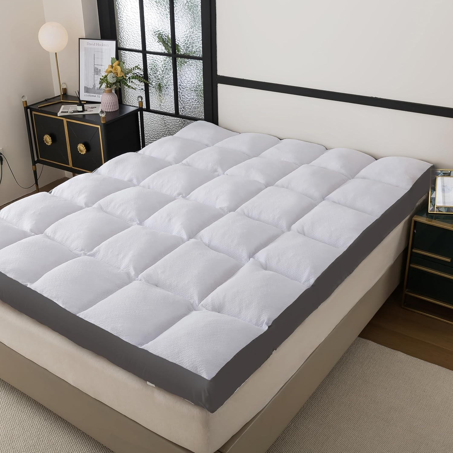 Memory Foam Mattress Topper Queen Size Memory Foam Filled Warming Cooling Fluffy & Soft Pillow Top, Anti-Slip Bottom, 4 Elastic Straps, 80X60 Inch, Queen