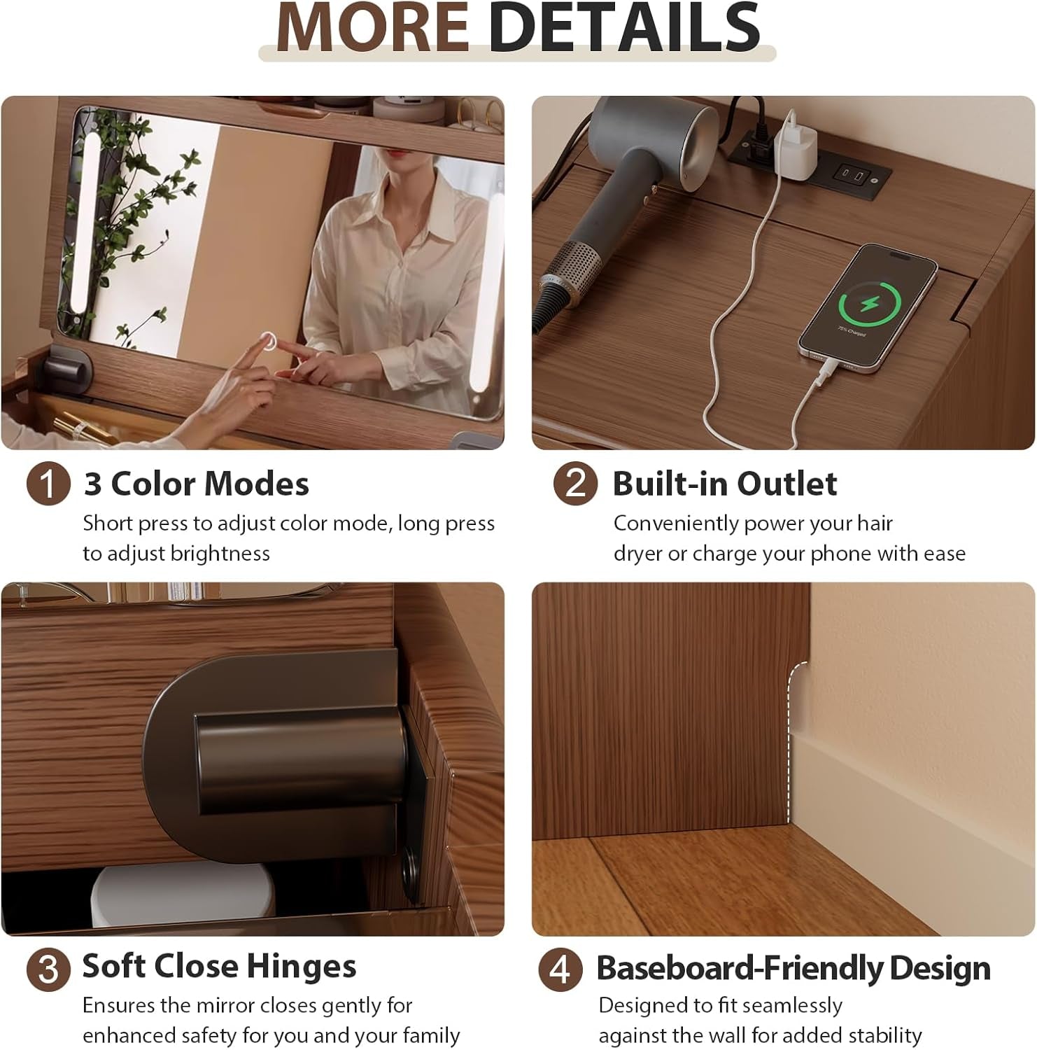 Solid Wood 3 in 1 Vanity Desk with Flip Top Mirror, No Assembly, Compact Vanity with Hidden Chair, Small Makeup Vanity Set with Power Outlet, Dressing Table for Bedroom, Walnut