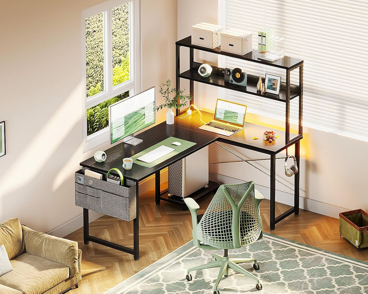 Gaming Desk with Power Outlets & LED Lights, 43 Inch Reversible L Shaped Computer Desk with Shelves & Storage Bag, Corner Desk for Home Office, Black