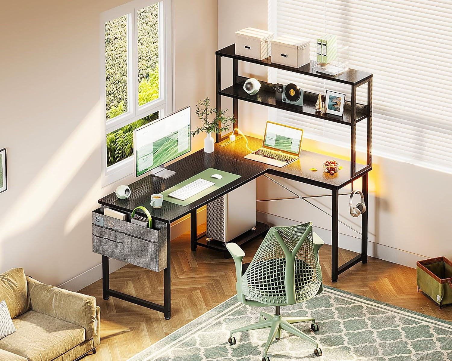 Gaming Desk with Power Outlets & LED Lights, 43 Inch Reversible L Shaped Computer Desk with Shelves & Storage Bag, Corner Desk for Home Office, Black